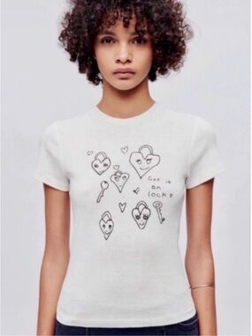 Re/Done White Short Sleeve Key & Heart Graphic Tee